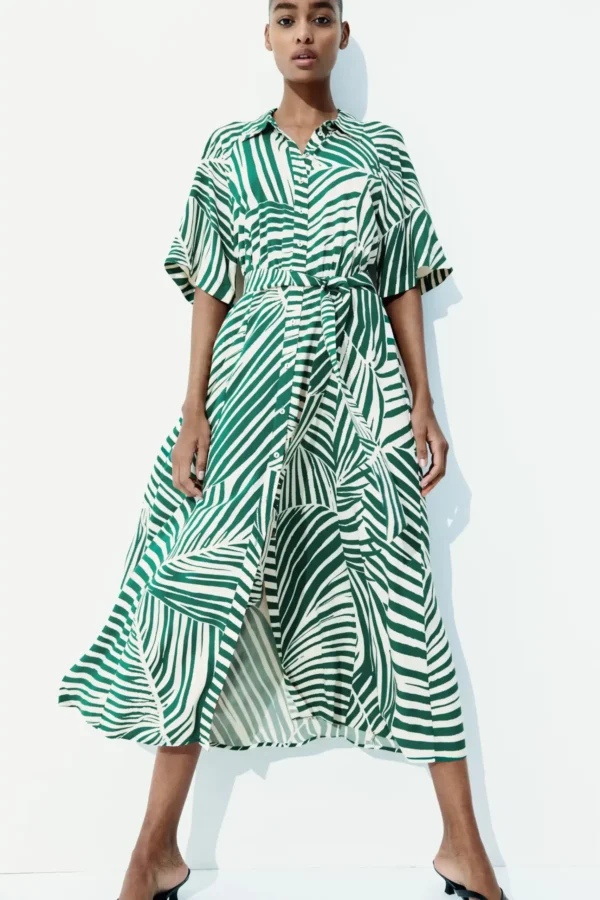 Tropical Stripe Belted Midi Dress