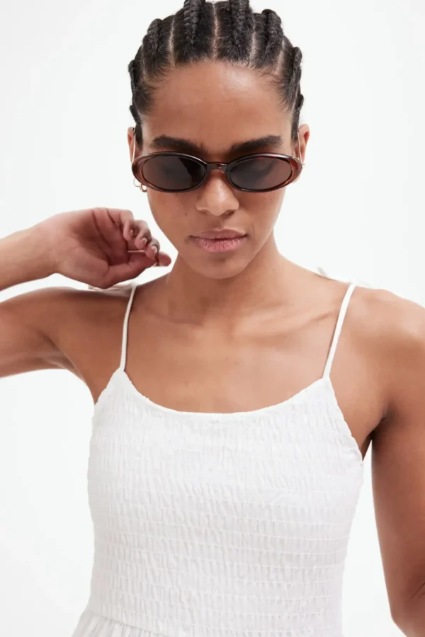 Shoulder-Tie Smocked Midi Dress