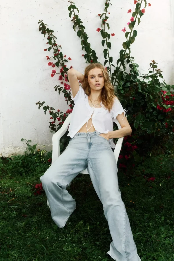 Romantic Tie-Front Lace Trim Blouse